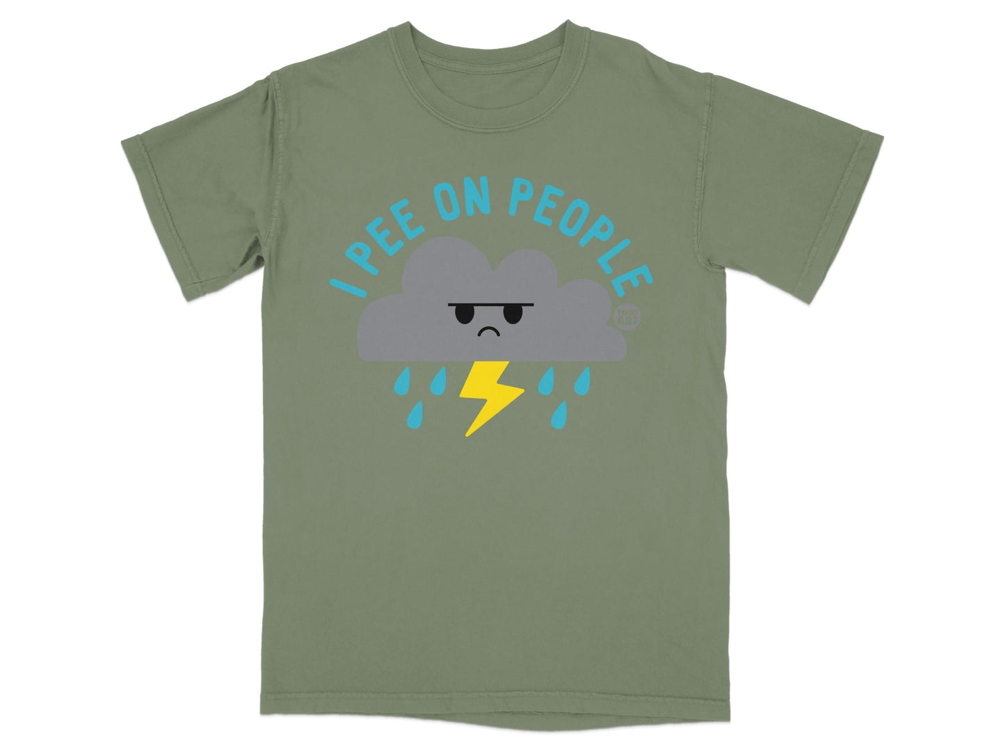 Green t-shirt with blue text and a grumpy cloud with lightning bolts.