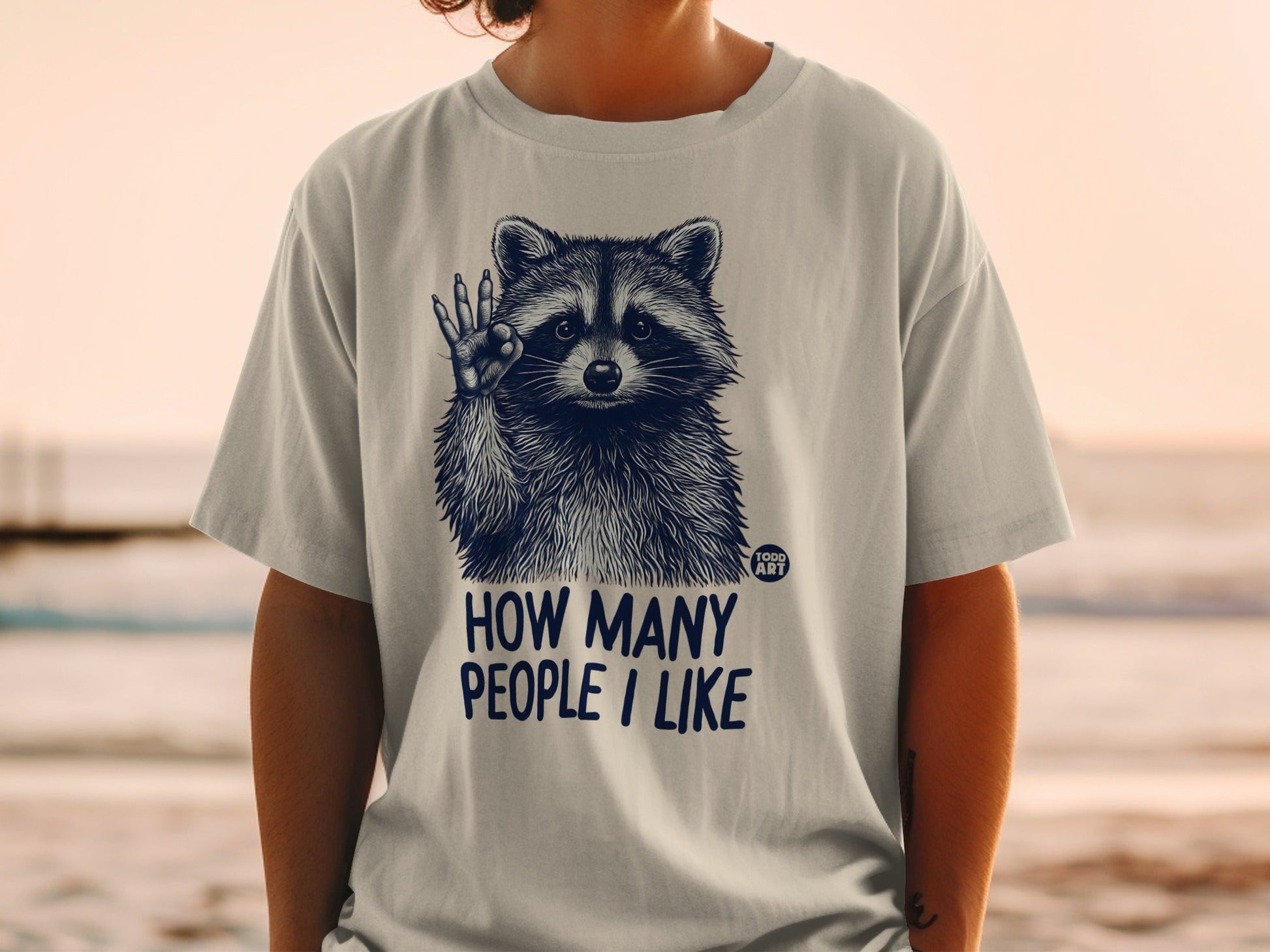 T-shirt with raccoon graphic and text "HOW MANY PEOPLE I LIKE".