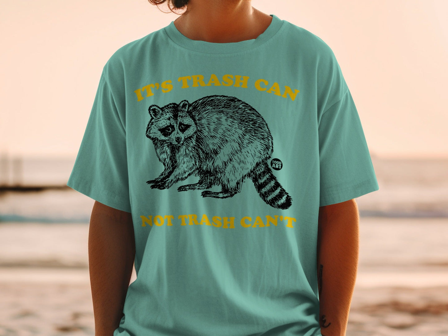 T-shirt with raccoon graphic and "It's trash can, not trash can't" text.