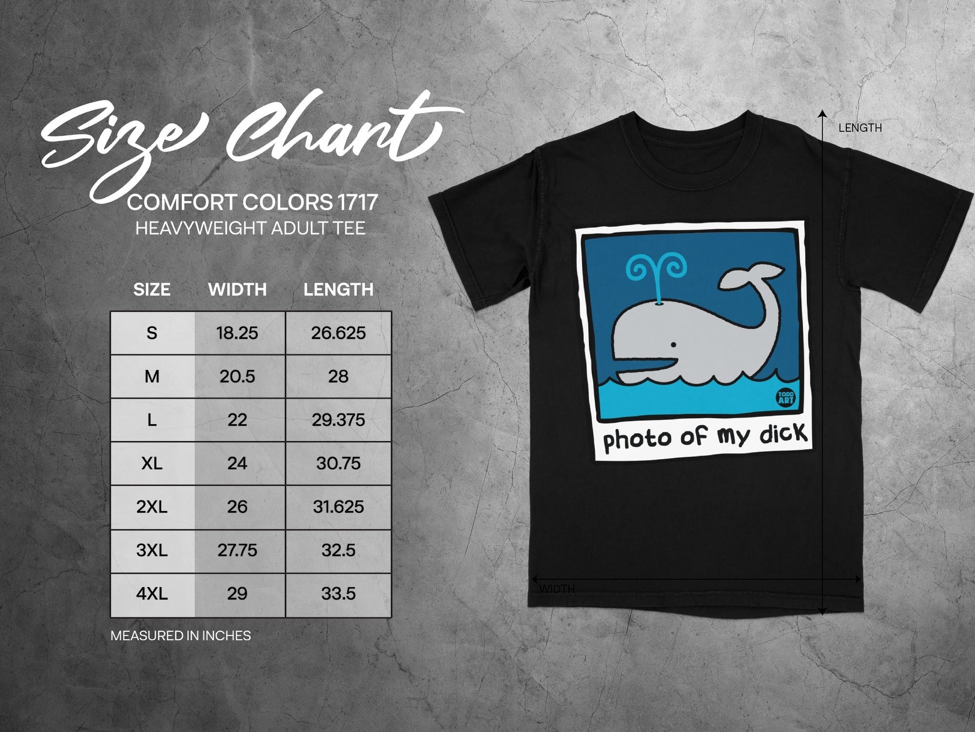 Comfort Colors 1717 size chart with whale graphic.