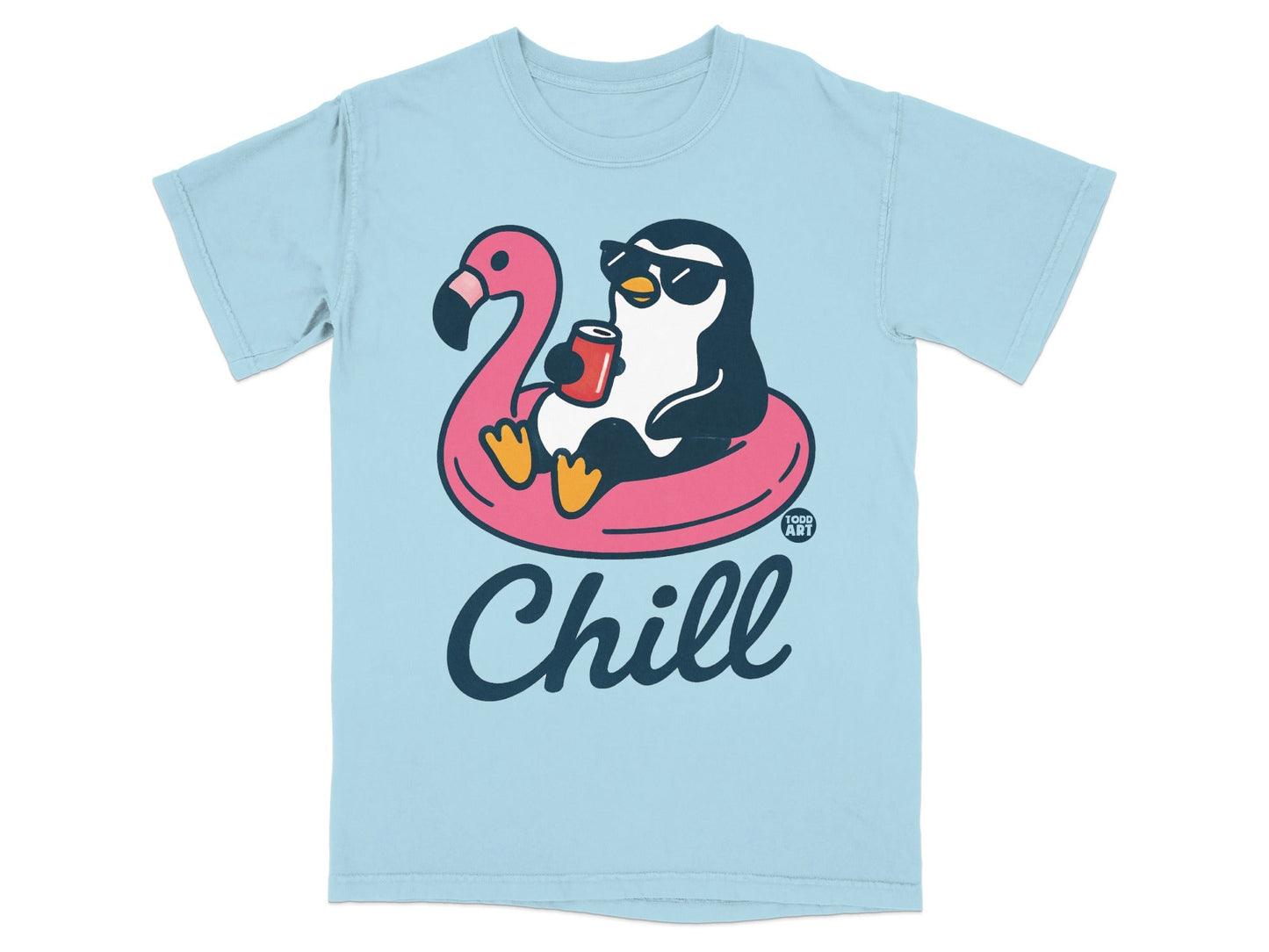 Light blue t-shirt with a penguin in sunglasses on a flamingo float, holding a drink, text "Chill".