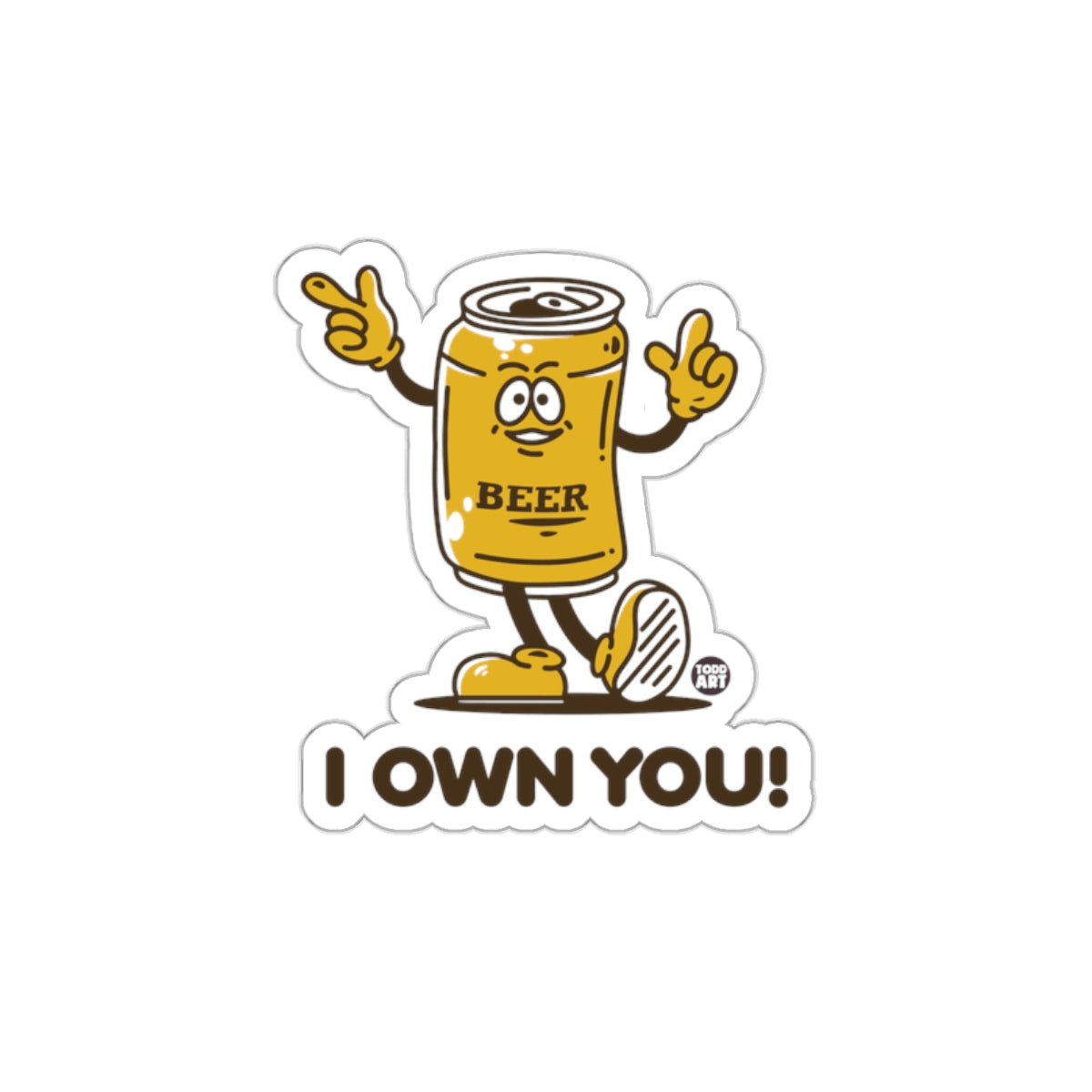 Funny Beer Can Cartoon I Own You Sticker Design