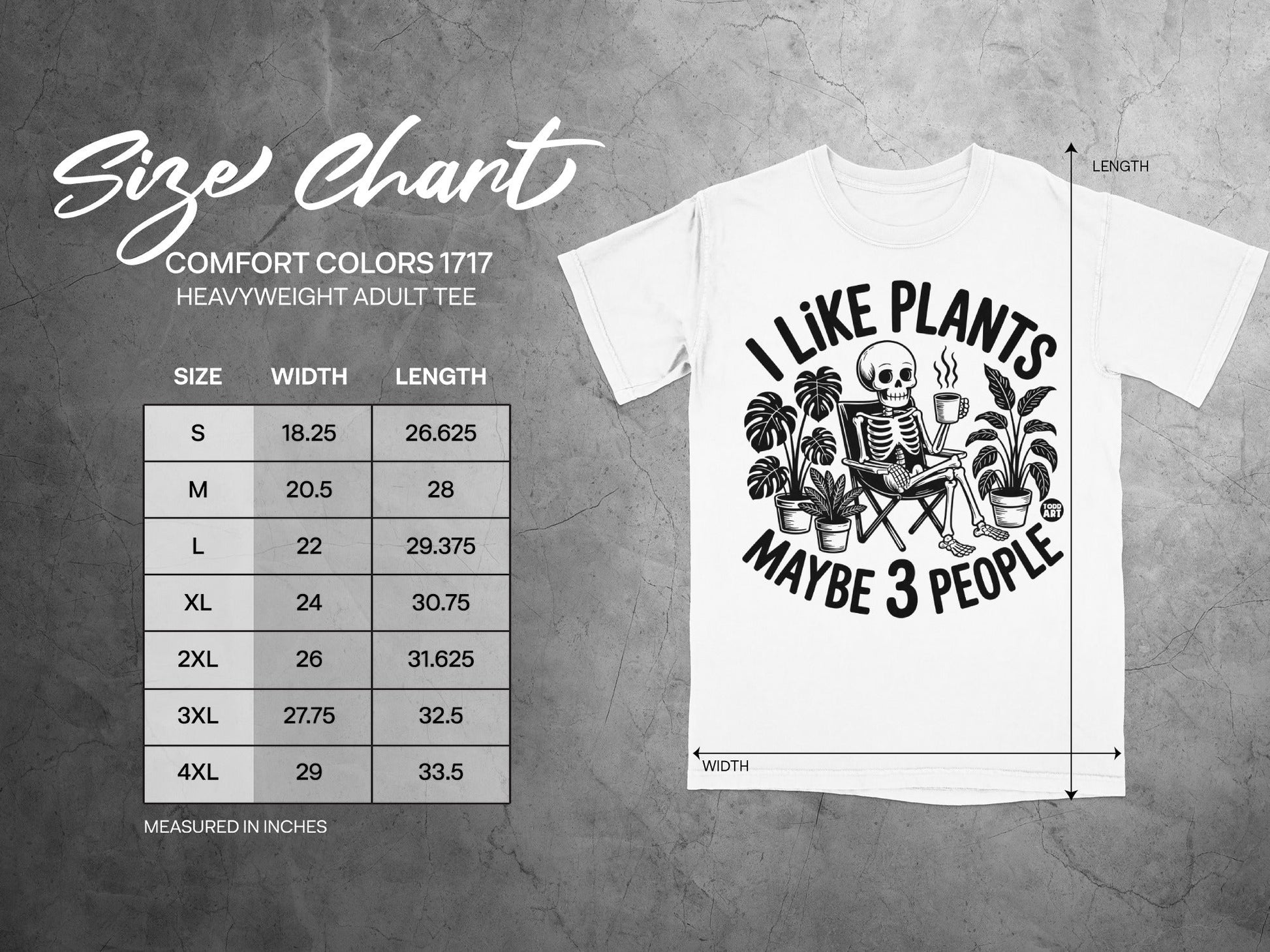 Size chart for heavyweight adult tee with "I Like Plants Maybe 3 People" graphic.