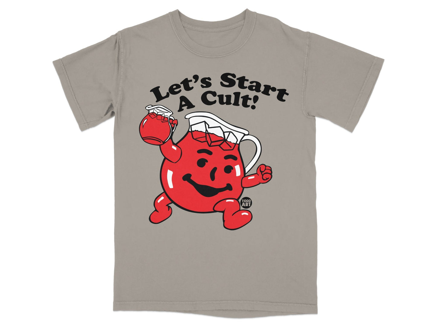 T-shirt with Kool-Aid Man character holding a glass and "Let's Start A Cult!" text.