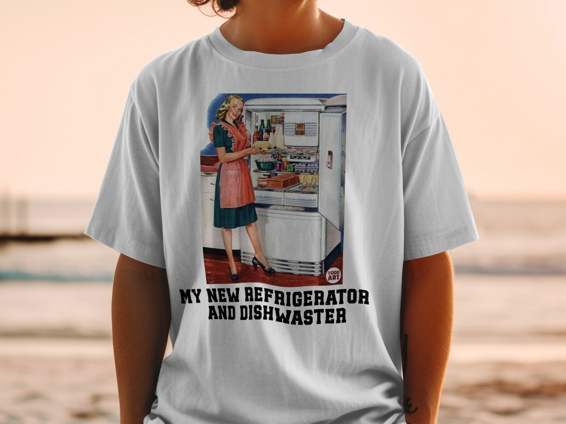 Retro illustration of woman in kitchen, "My new refrigerator and dishwasster" text.