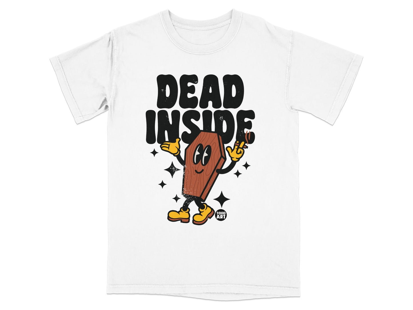 White t-shirt with cartoon coffin character and "DEAD INSIDE" text.
