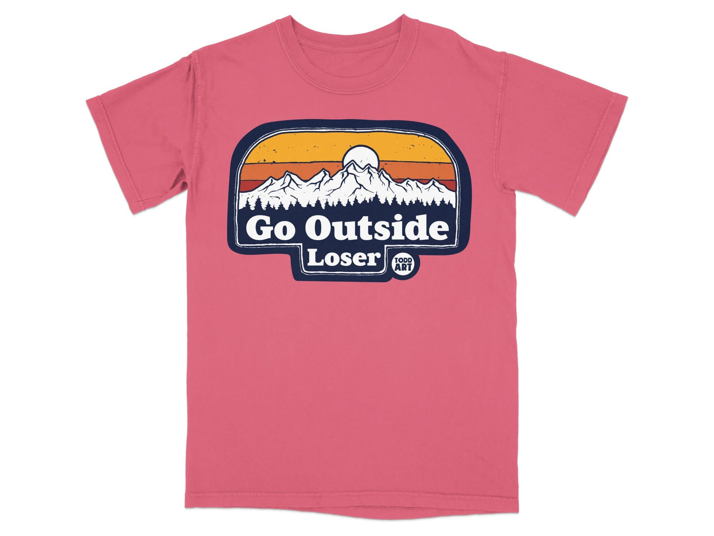 T-shirt with mountains, sun, and "Go Outside Loser" text.