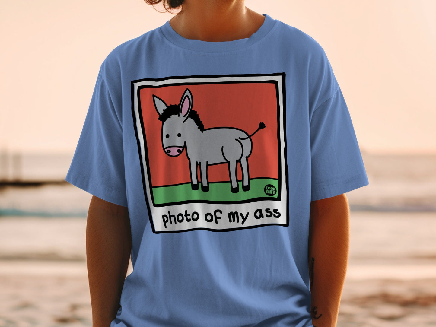 Blue t-shirt with a cartoon donkey and "photo of my ass" text.
