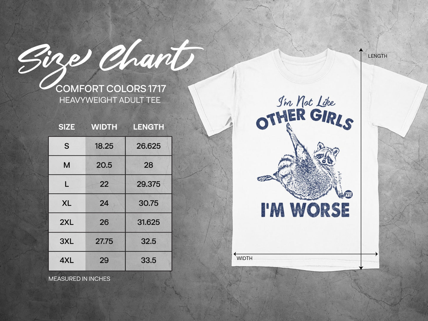 Comfort Colors 1717 heavyweight adult tee size chart with t-shirt graphic.