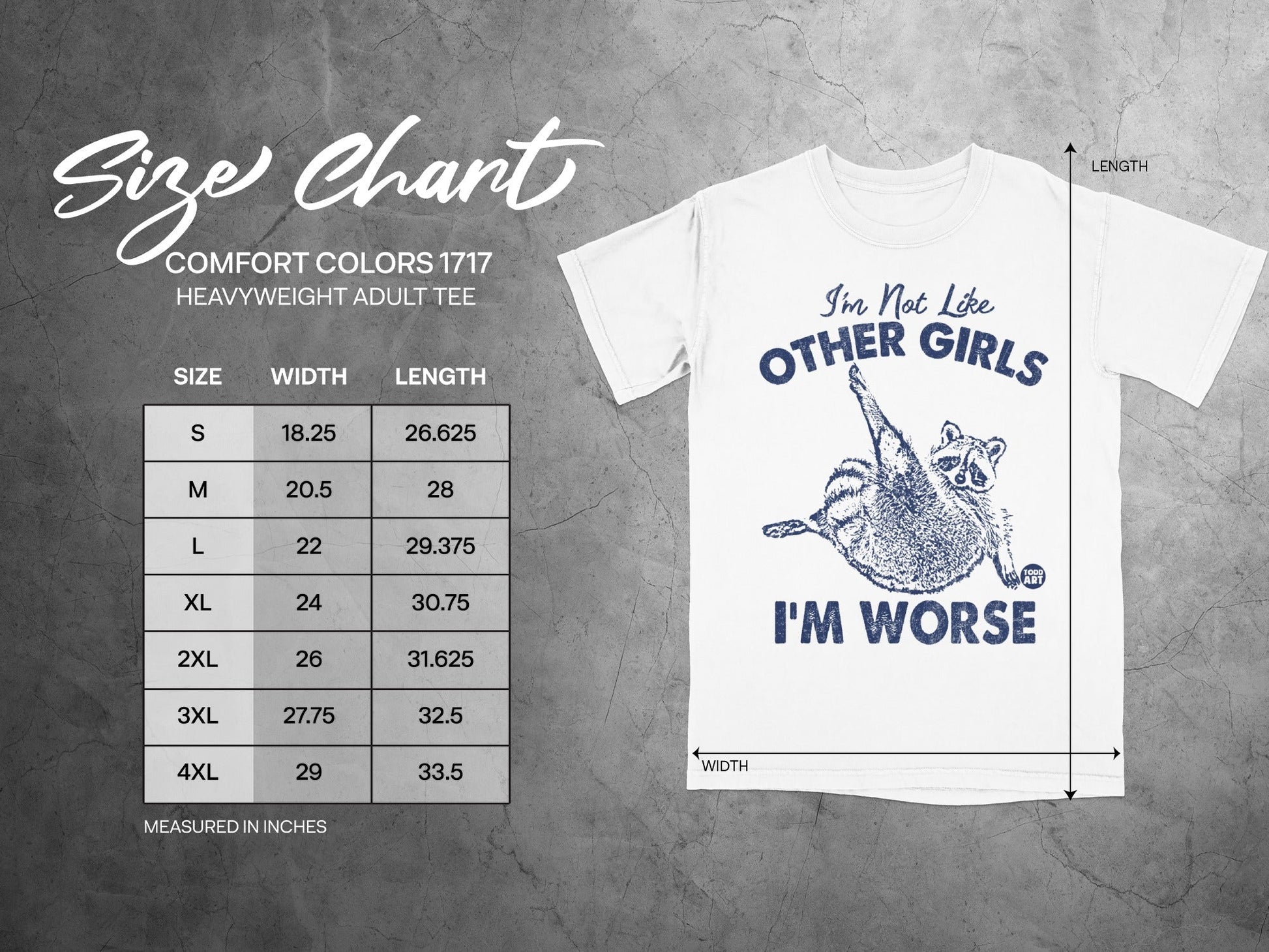 Comfort Colors 1717 heavyweight adult tee size chart with t-shirt graphic.