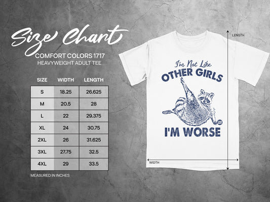 Comfort Colors 1717 heavyweight adult tee size chart with t-shirt graphic.