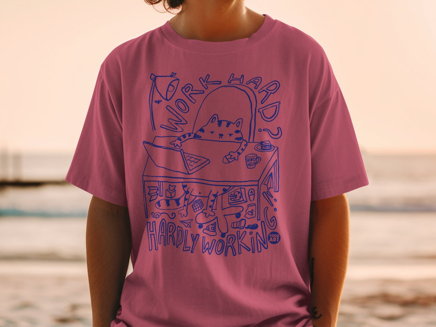 Work Hard Hardly Working Cat Design T-shirt