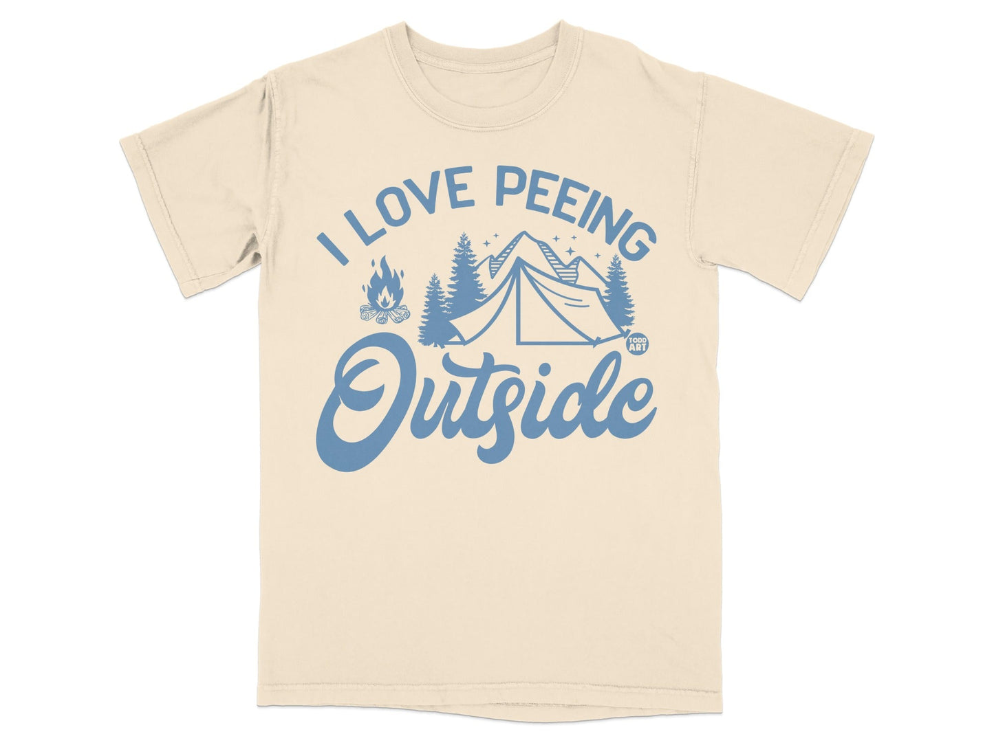 Light beige t-shirt with "I Love Peeing Outside" text and camping graphic.