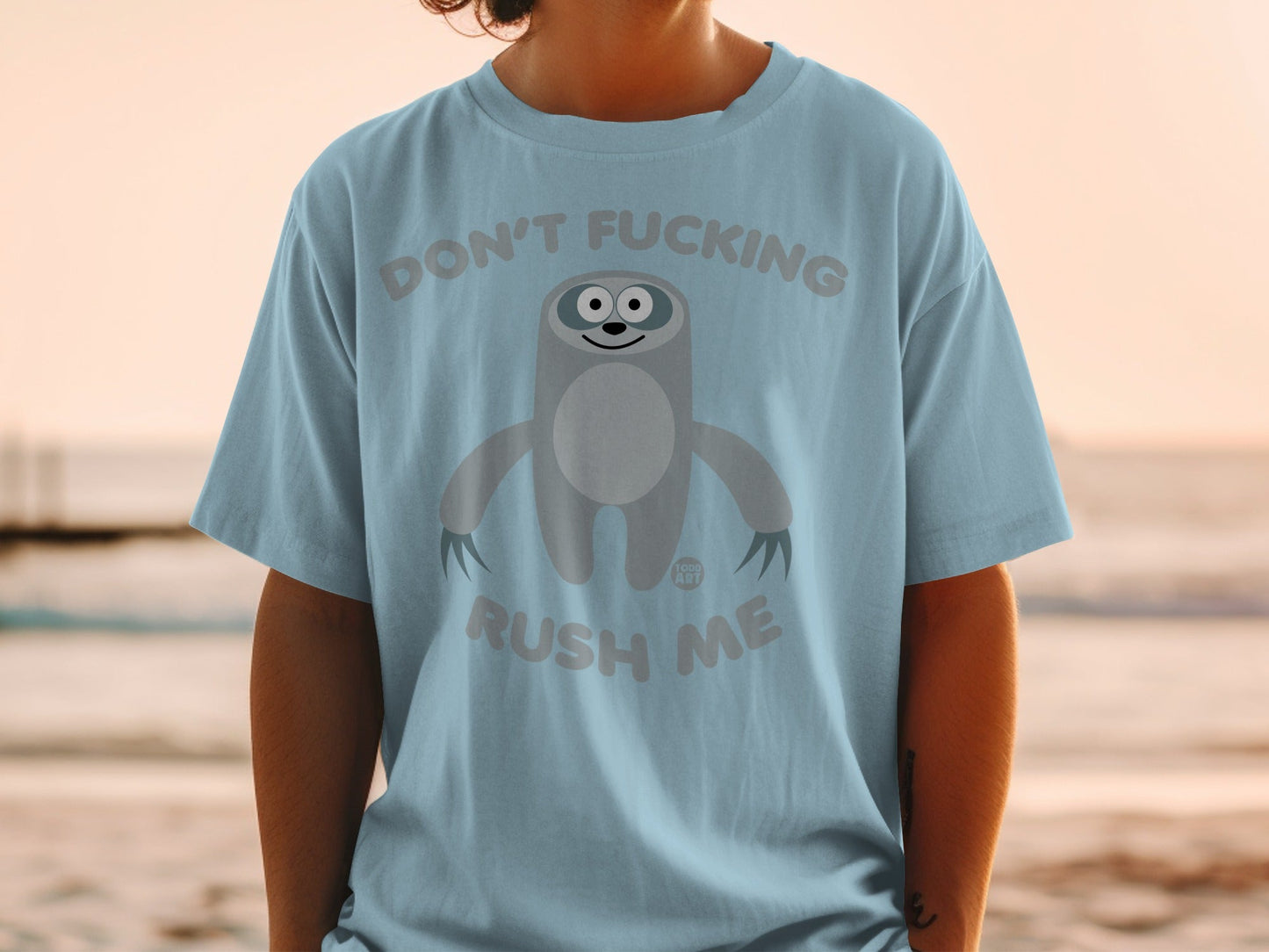 Light blue t-shirt with a cartoon sloth and text "DON'T FUCKING RUSH ME".