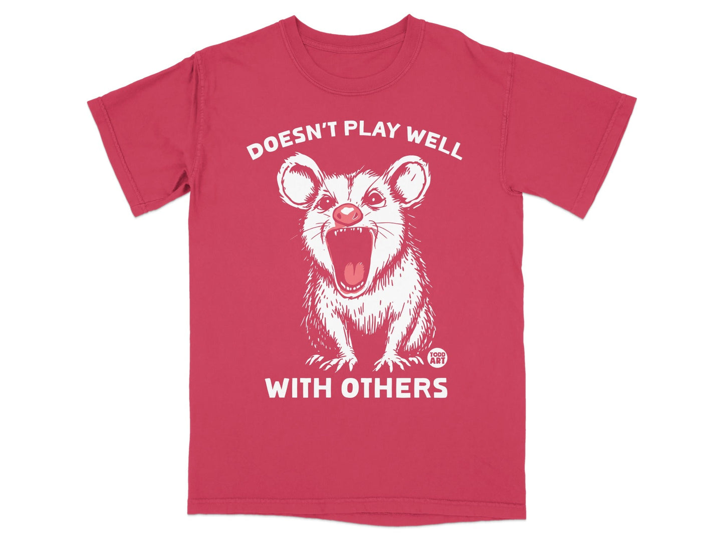 Red t-shirt with a distressed opossum graphic and "DOESN'T PLAY WELL WITH OTHERS" text.