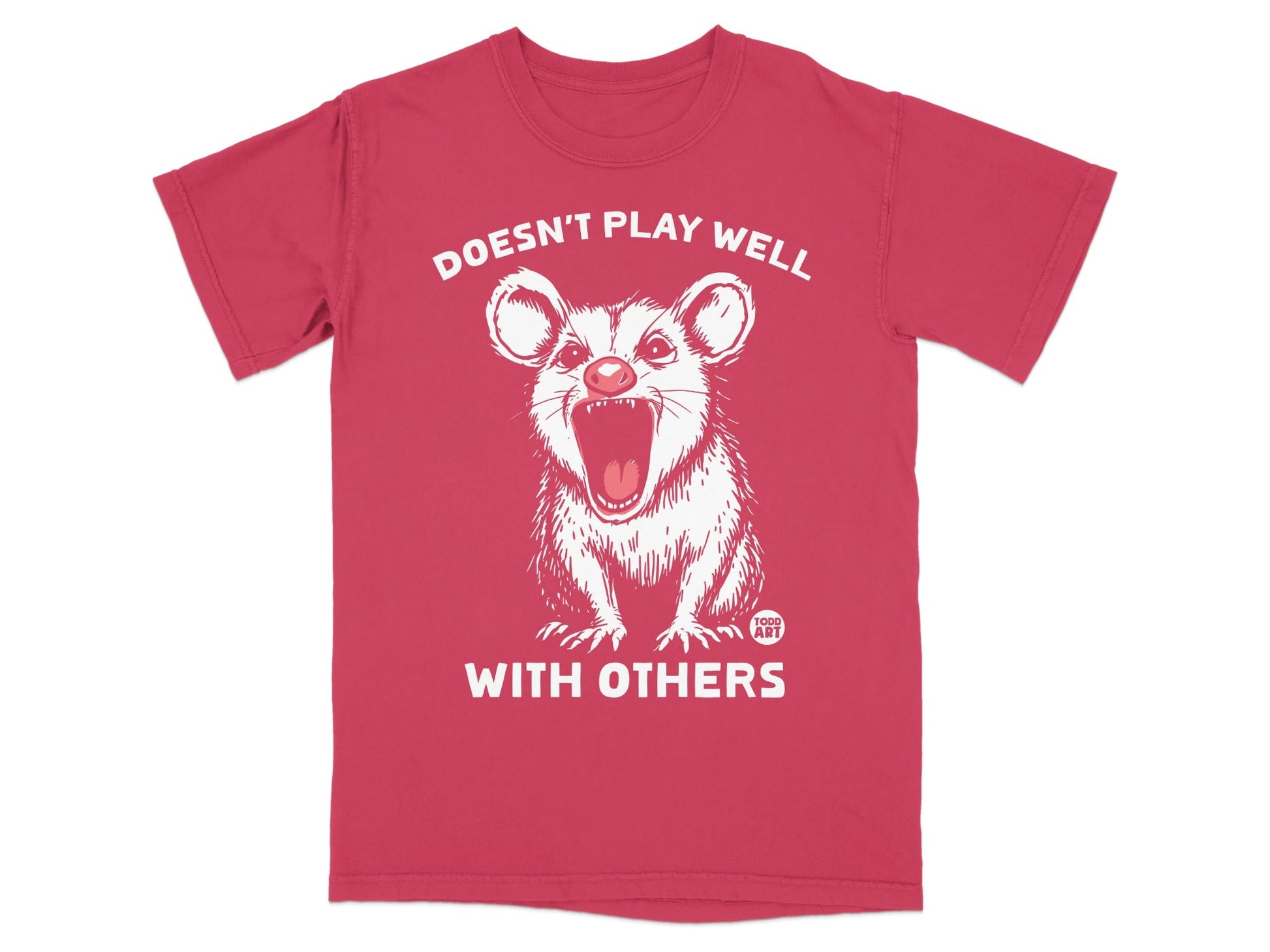 Red t-shirt with a distressed opossum graphic and "DOESN'T PLAY WELL WITH OTHERS" text.