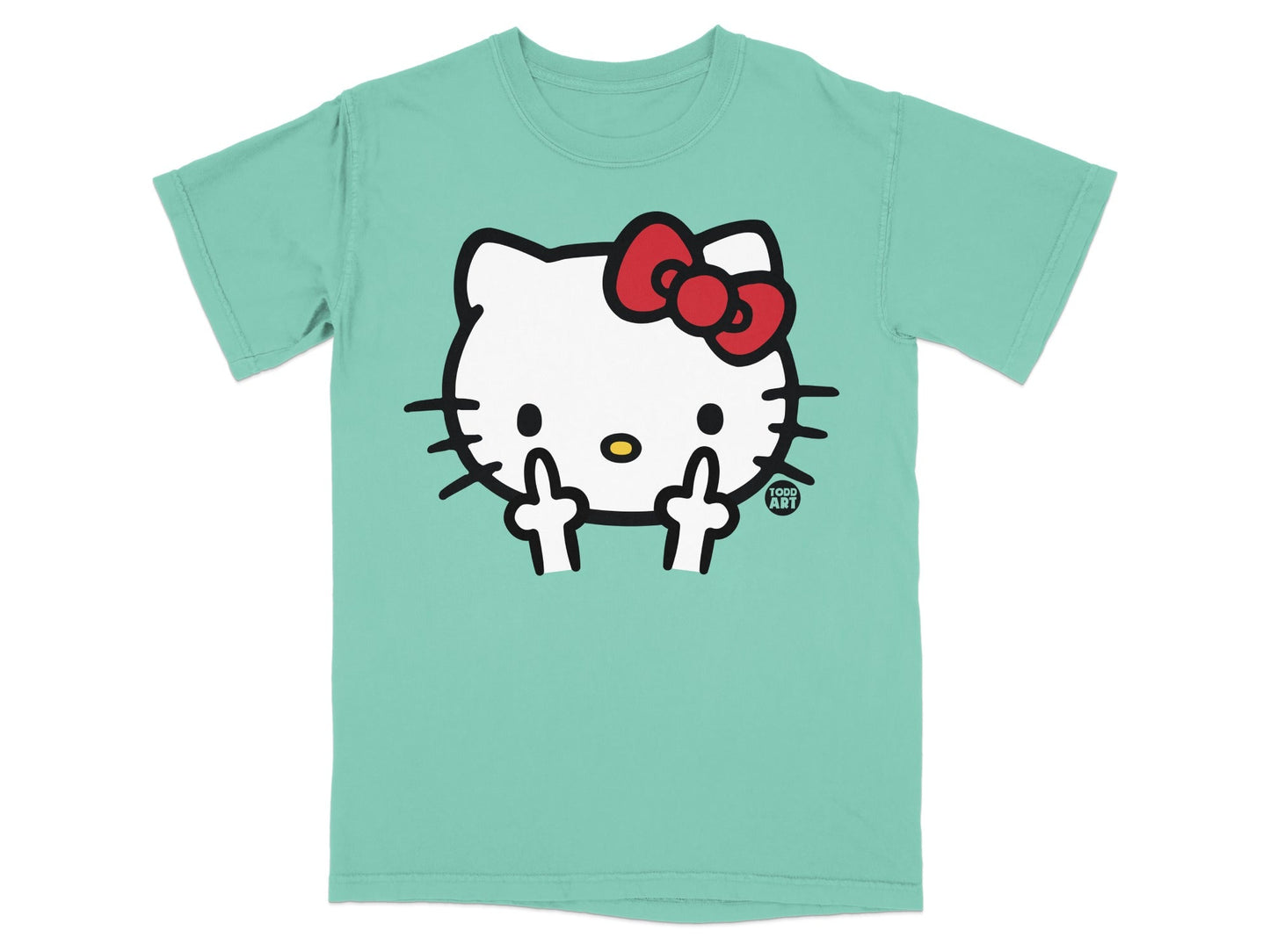 Hello Kitty wearing a red bow, giving middle fingers, on a teal t-shirt.