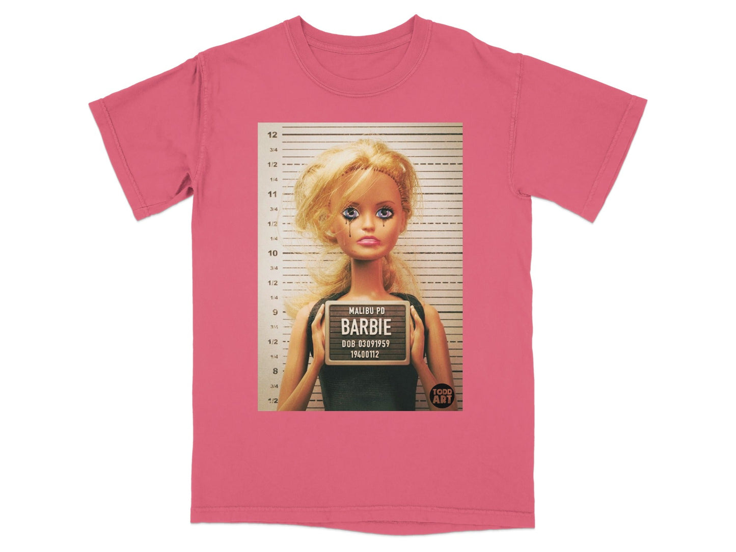 Barbie mugshot with "MALIBU PD BARBIE" and DOB 03091959.