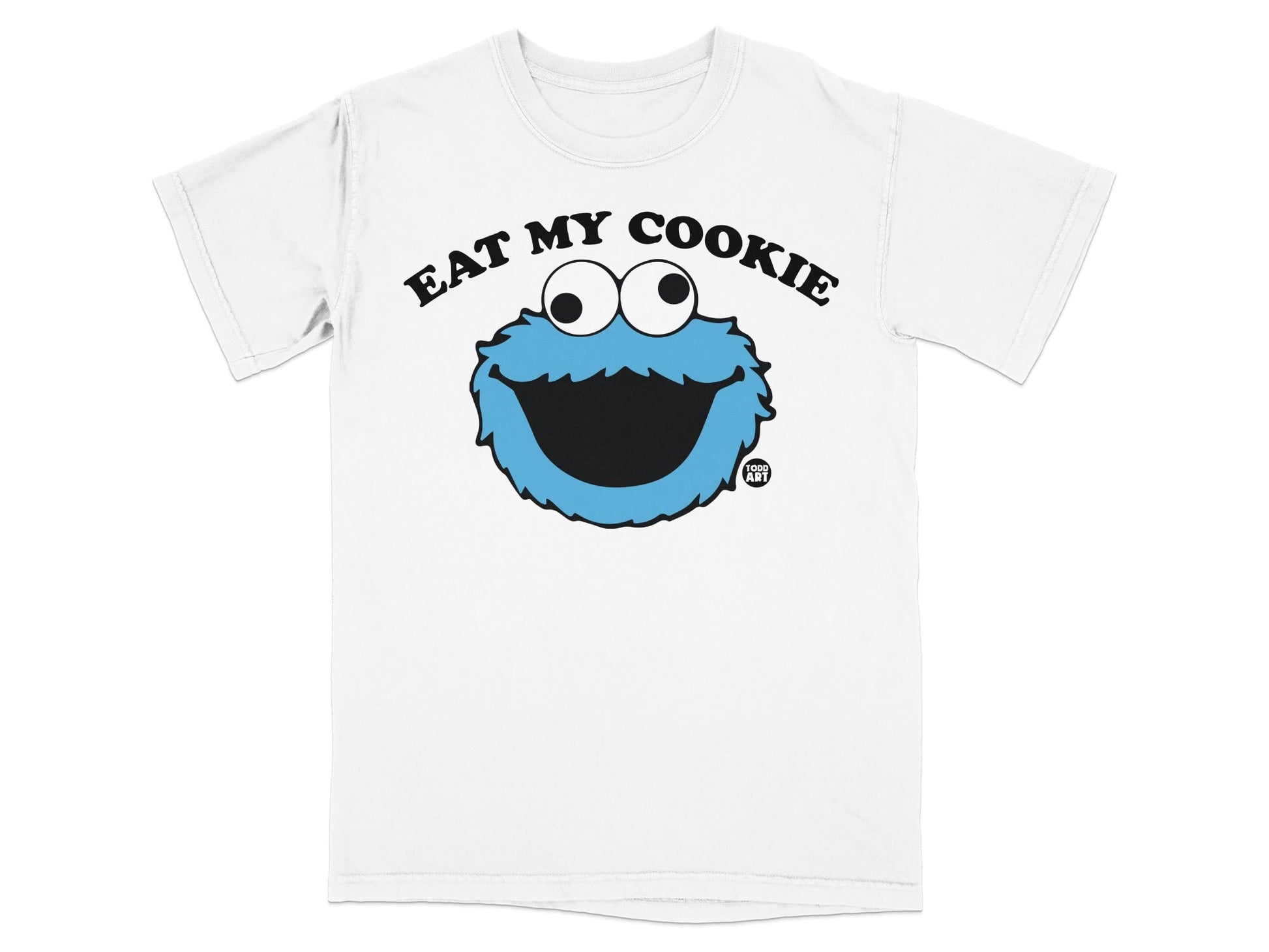 White t-shirt with Cookie Monster graphic and "EAT MY COOKIE" text.