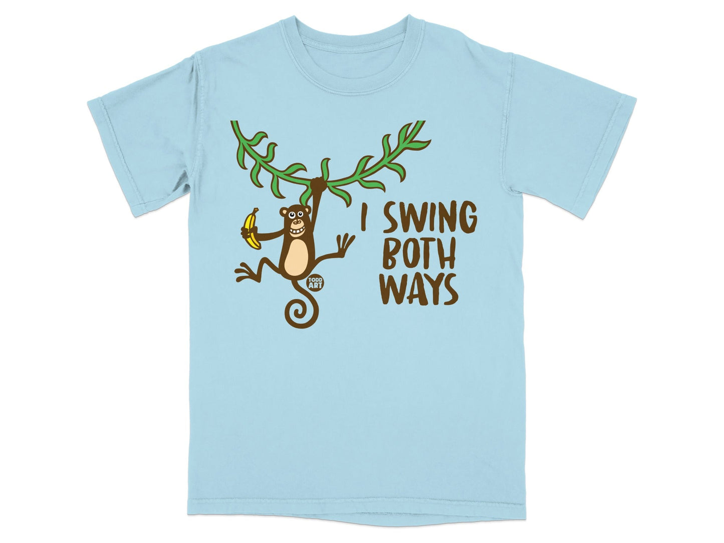 Light blue t-shirt with monkey swinging and text "I SWING BOTH WAYS".