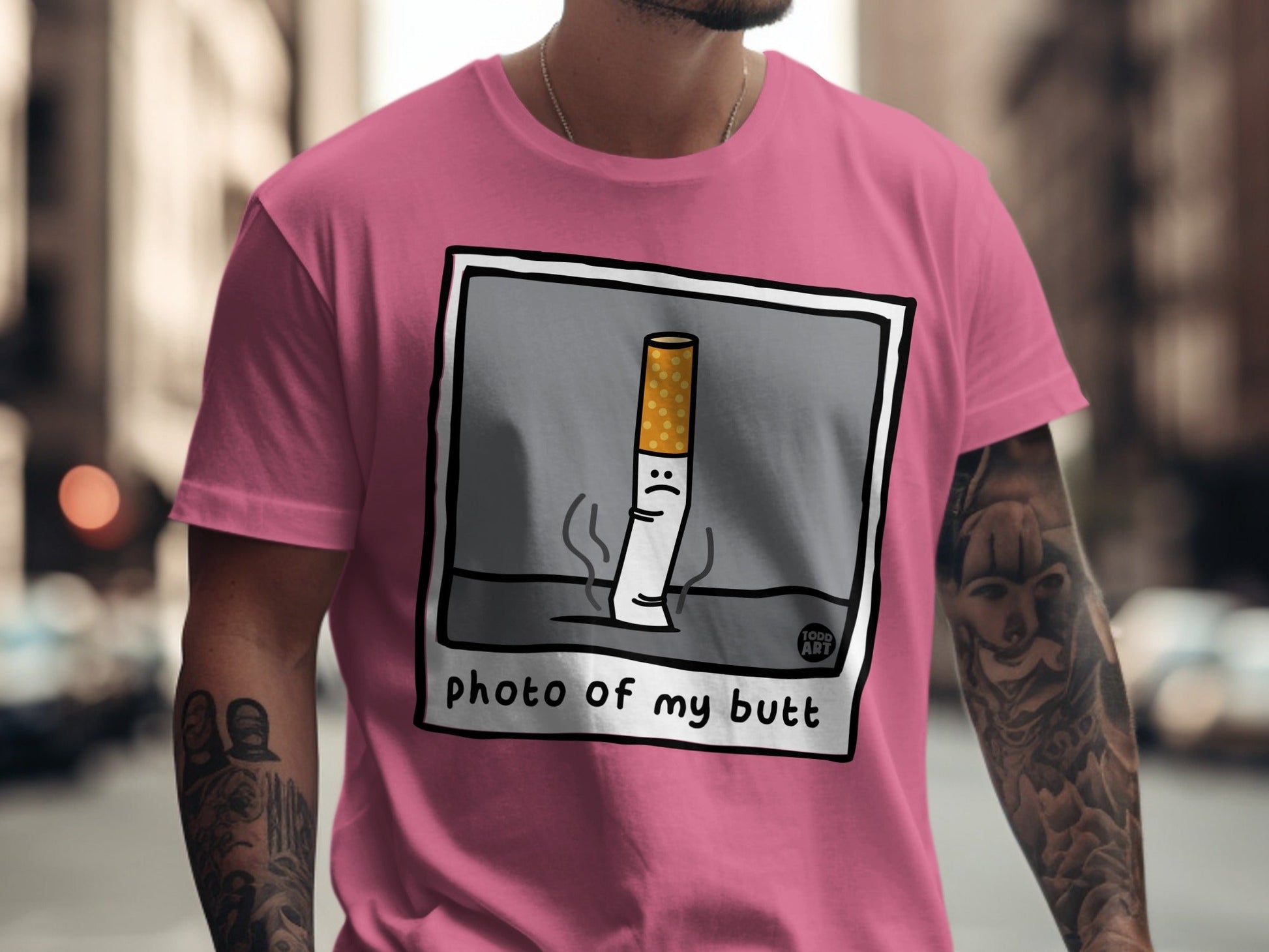 T-shirt with cartoon cigarette and text "photo of my butt".
