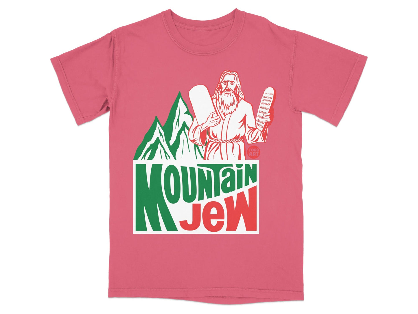 Pink t-shirt with "MOUNTAIN JEW" logo and Moses holding stone tablets.