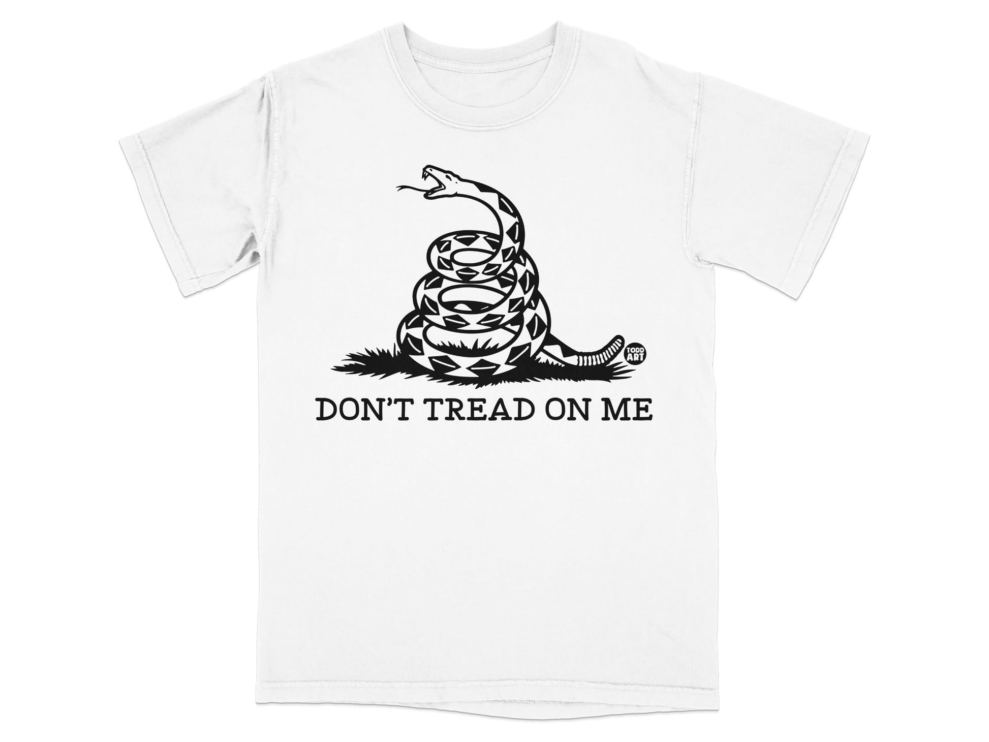 White t-shirt with coiled rattlesnake and "DON'T TREAD ON ME" text.
