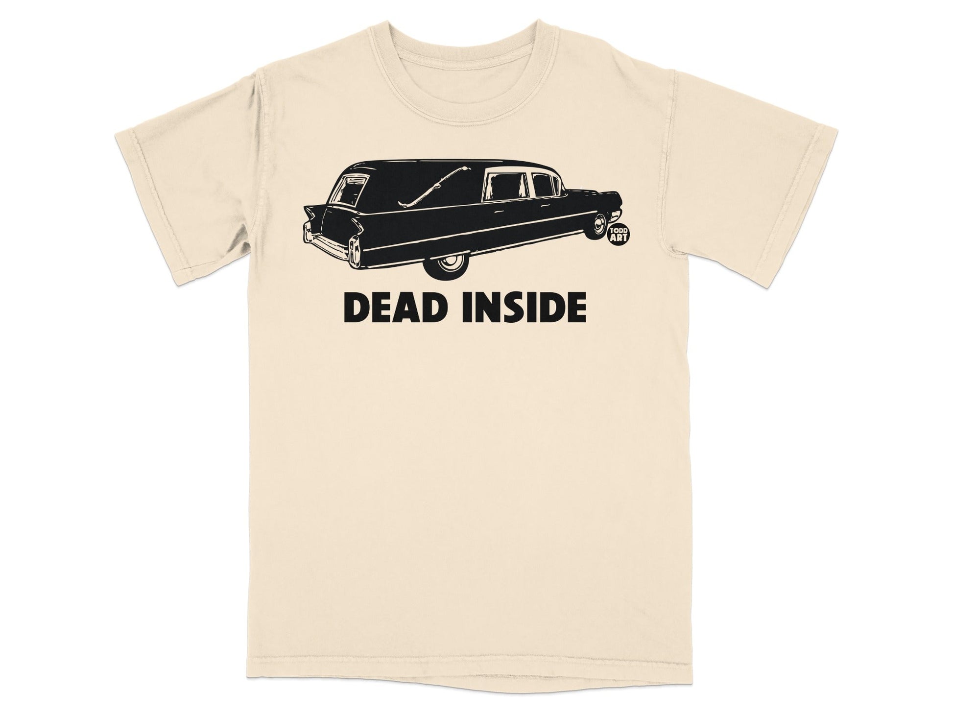 Cream t-shirt with black hearse and "DEAD INSIDE" text.