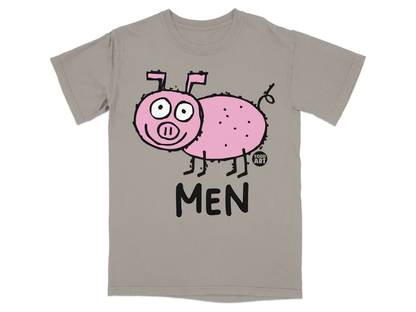 T-shirt with a cartoon pink pig and "MEN" text.