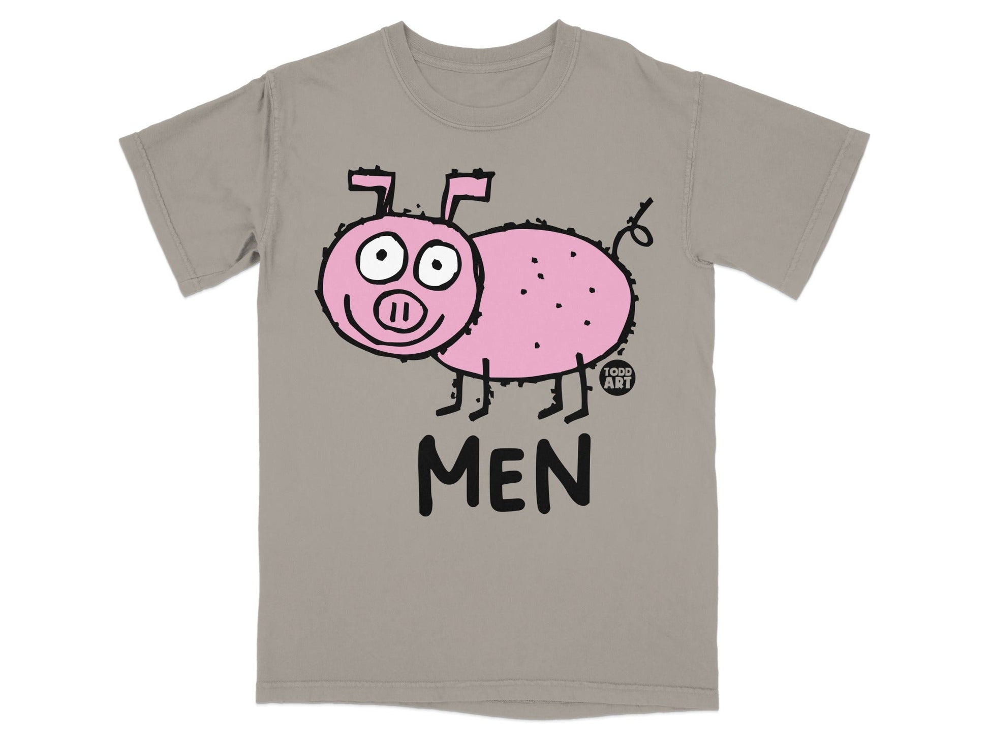 T-shirt with a cartoon pink pig and "MEN" text.