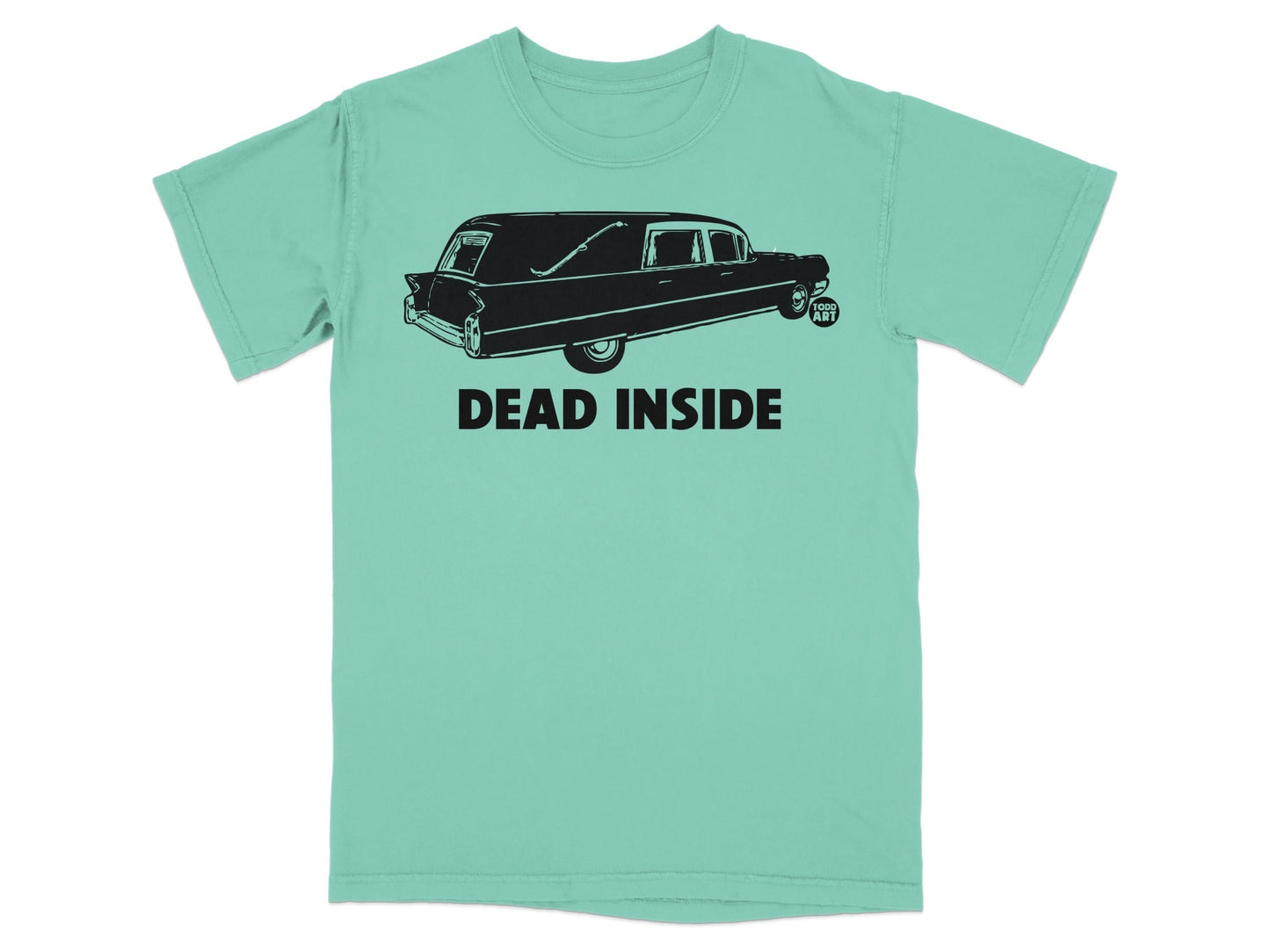 Black hearse with "DEAD INSIDE" text on a teal t-shirt.