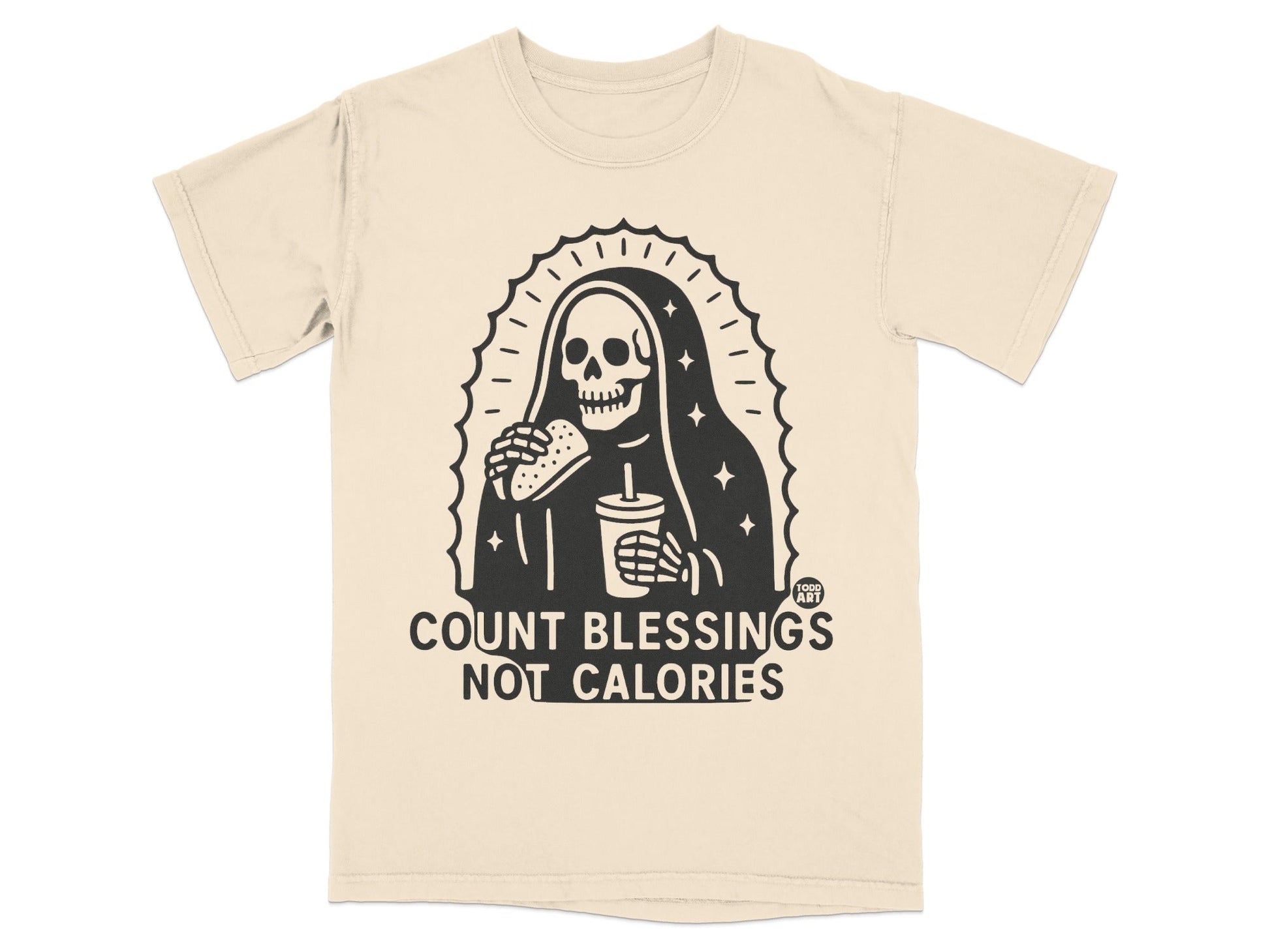 Grim reaper eating burger and fries, text "COUNT BLESSINGS NOT CALORIES".