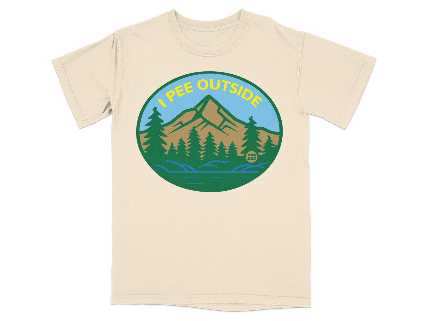 Cream t-shirt with circular graphic: "I Pee Outside" text, trees, and mountains.