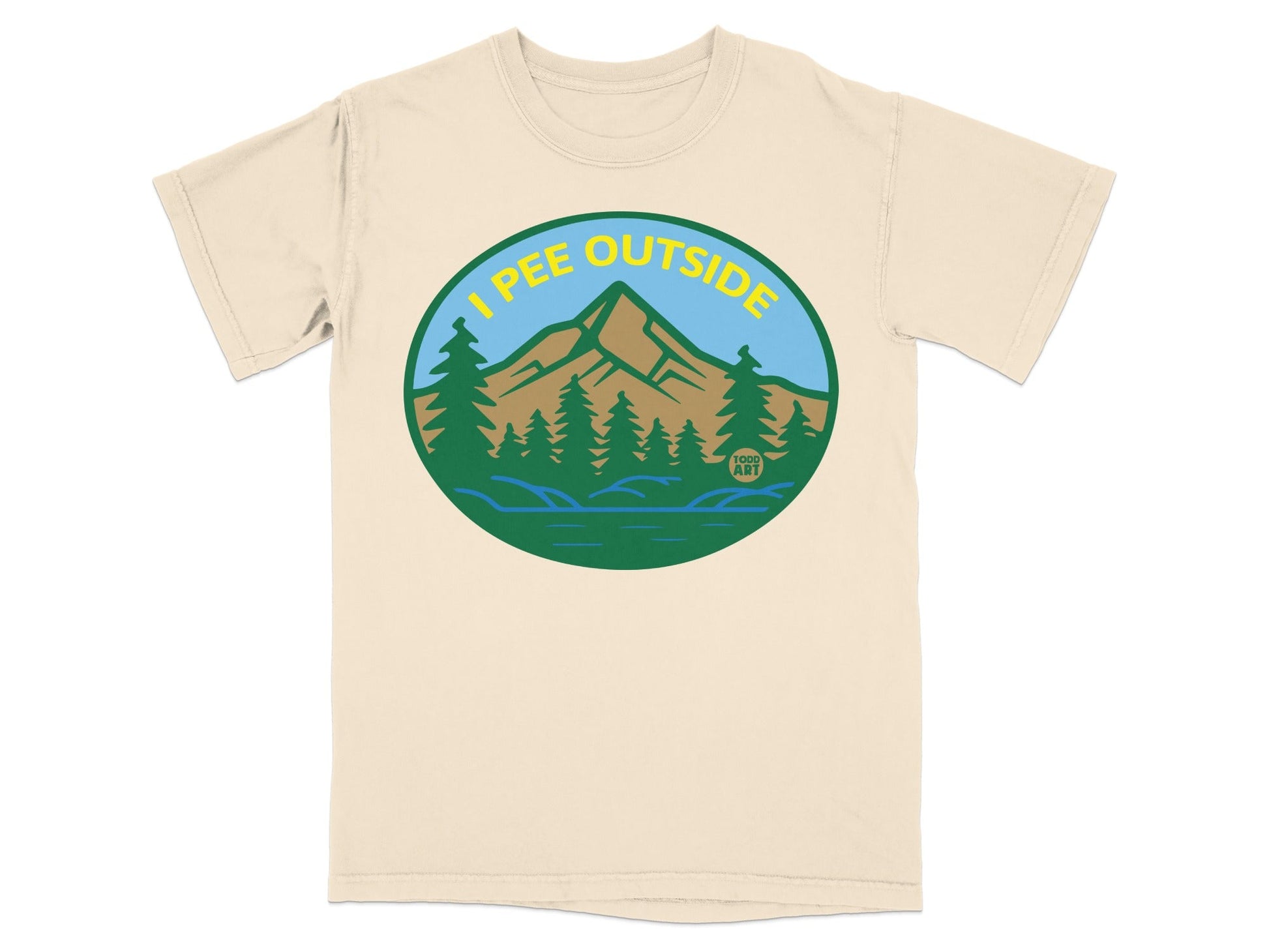 Cream t-shirt with circular graphic: "I Pee Outside" text, trees, and mountains.