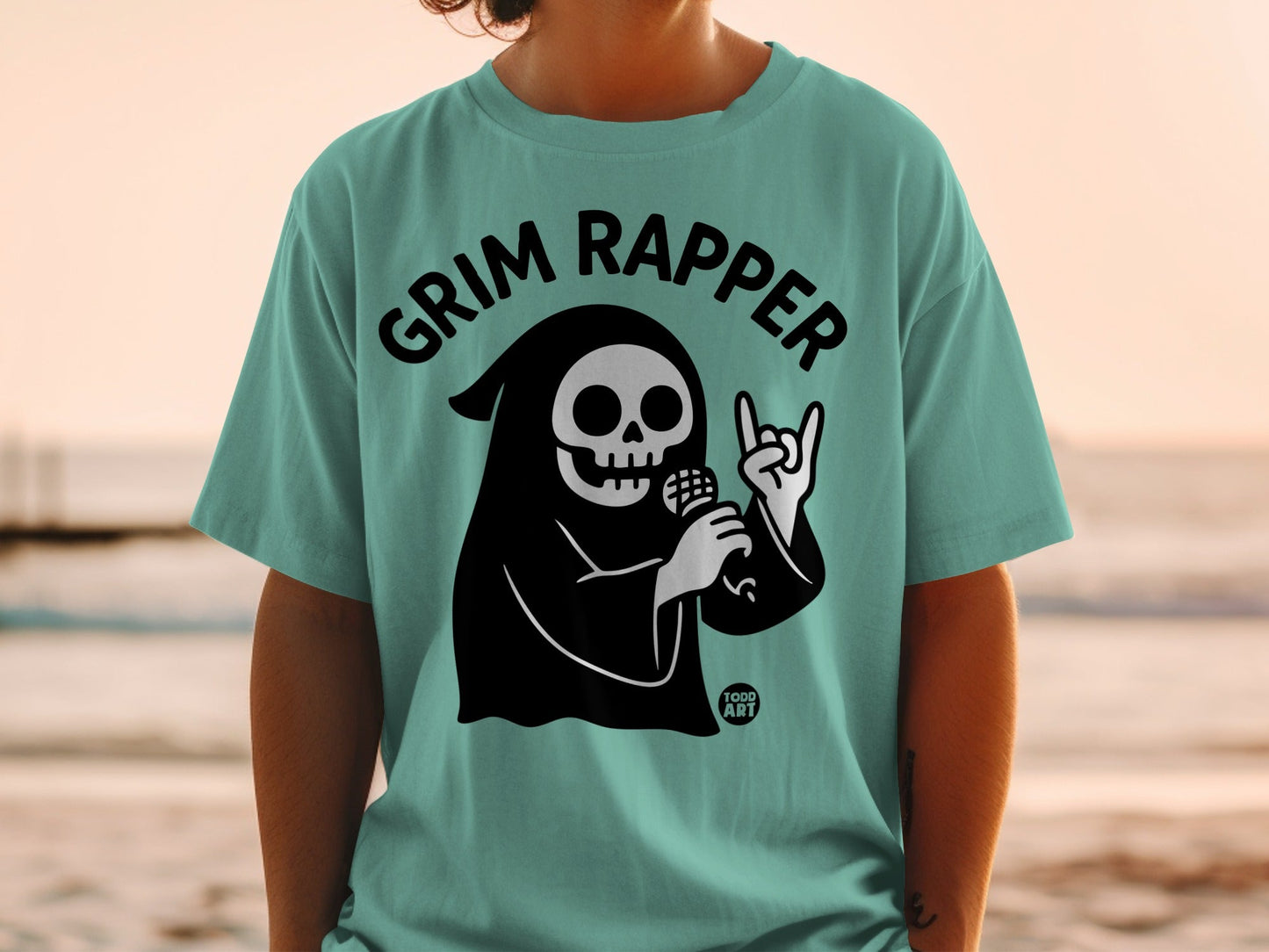 Grim Reaper character wearing a t-shirt with "GRIM RAPPER" text.