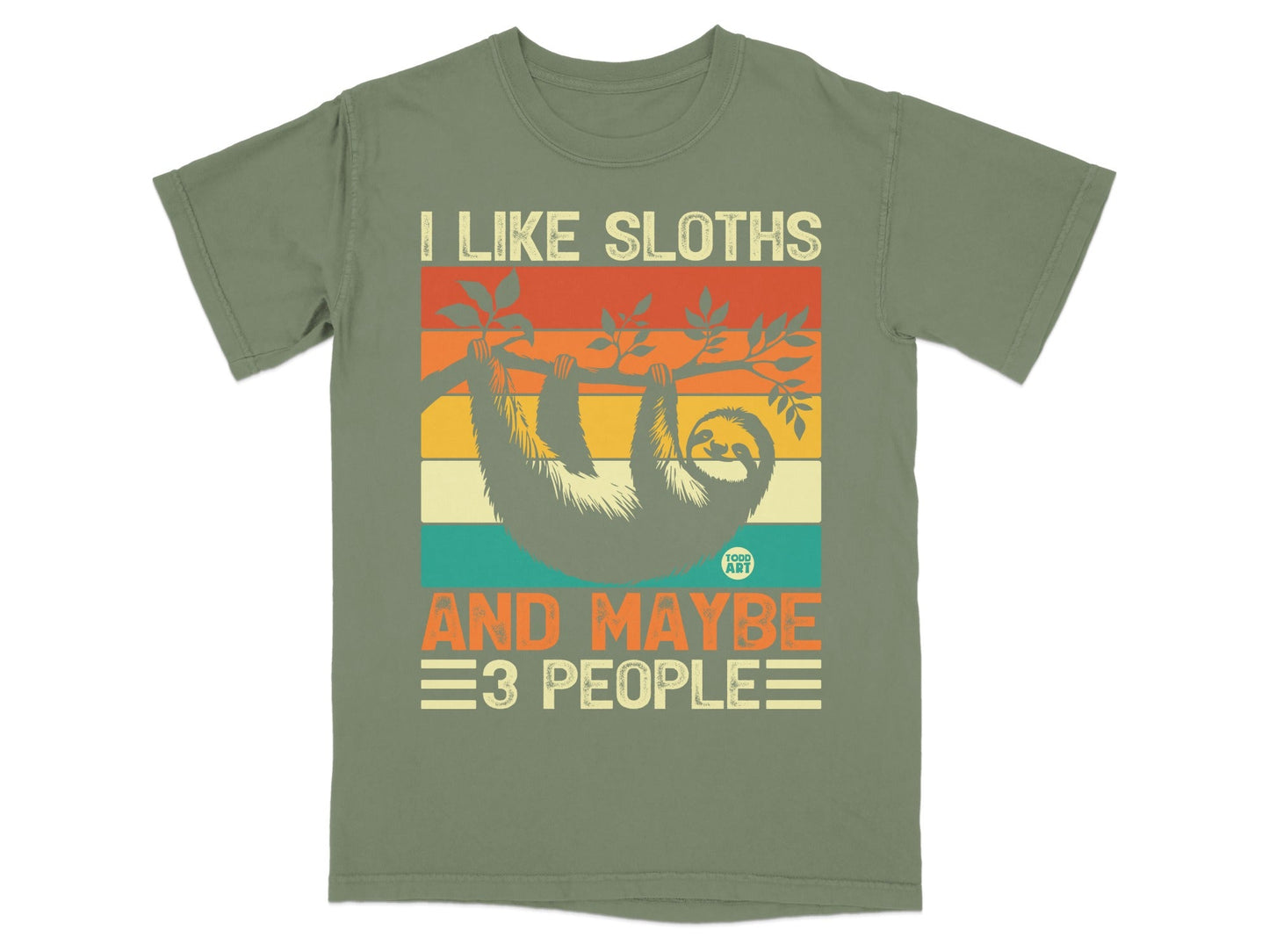 Olive green t-shirt with vintage sloth design and "I Like Sloths And Maybe 3 People" text.