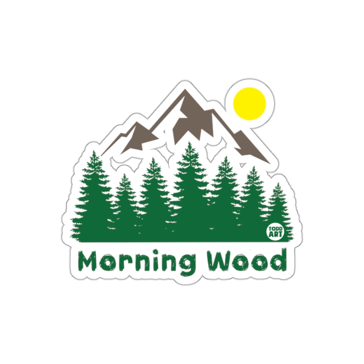 Morning Wood Scene Mountains Trees and Sun Art sticker