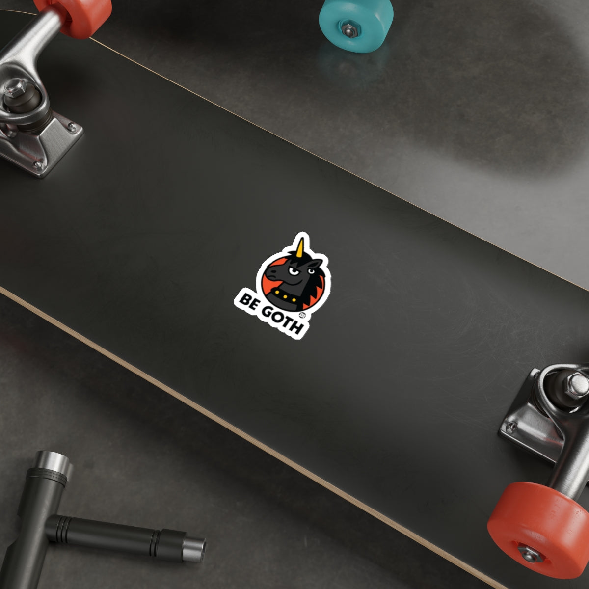 Be Goth Sticker On Skateboard Deck Product