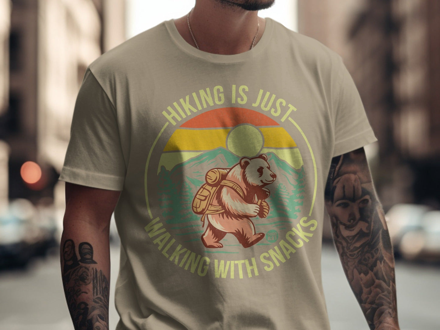 Bear hiking graphic with text "Hiking is just walking with snacks".