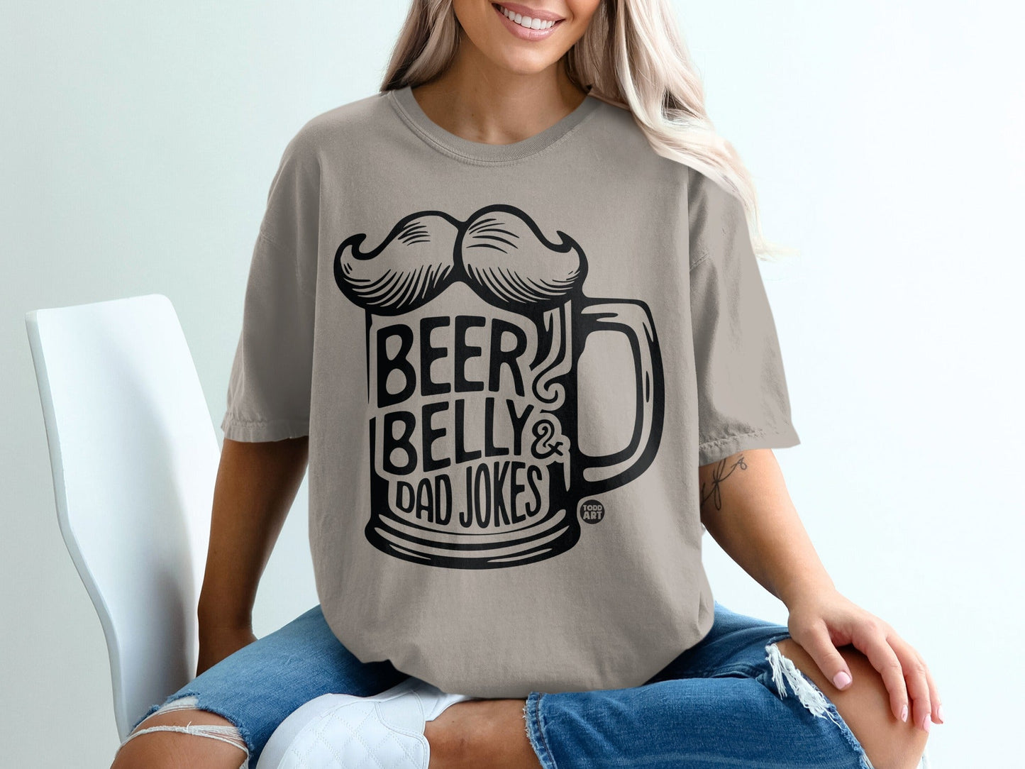 T-shirt with "BEER BELLY & DAD JOKES" text and a beer mug with a mustache.