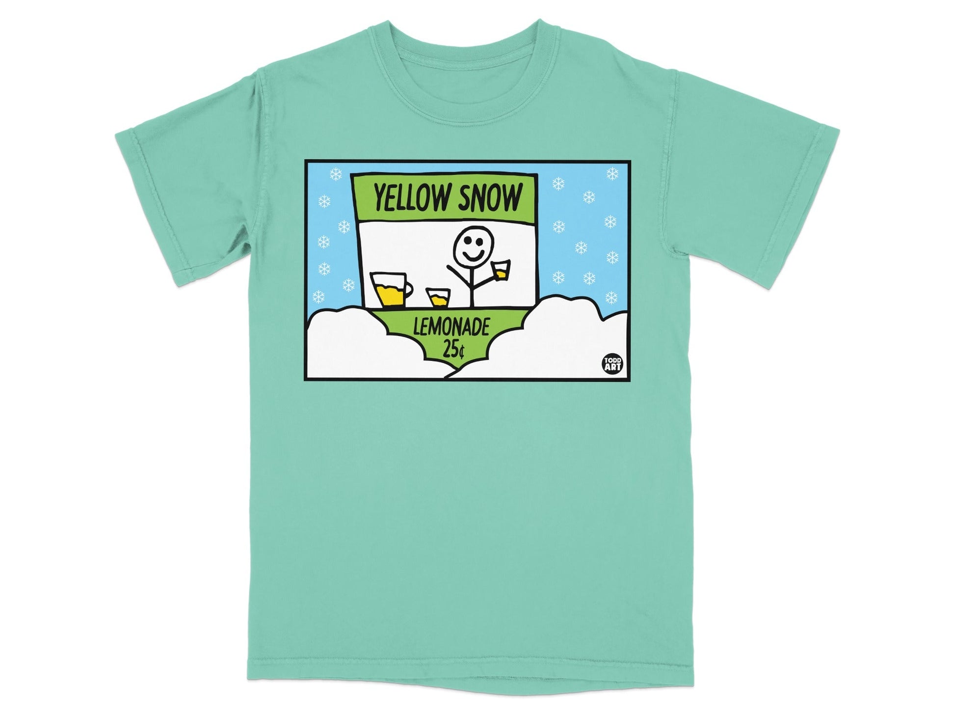 Yellow Snow Lemonade stand with 25 cent sign and snowflakes on teal t-shirt.