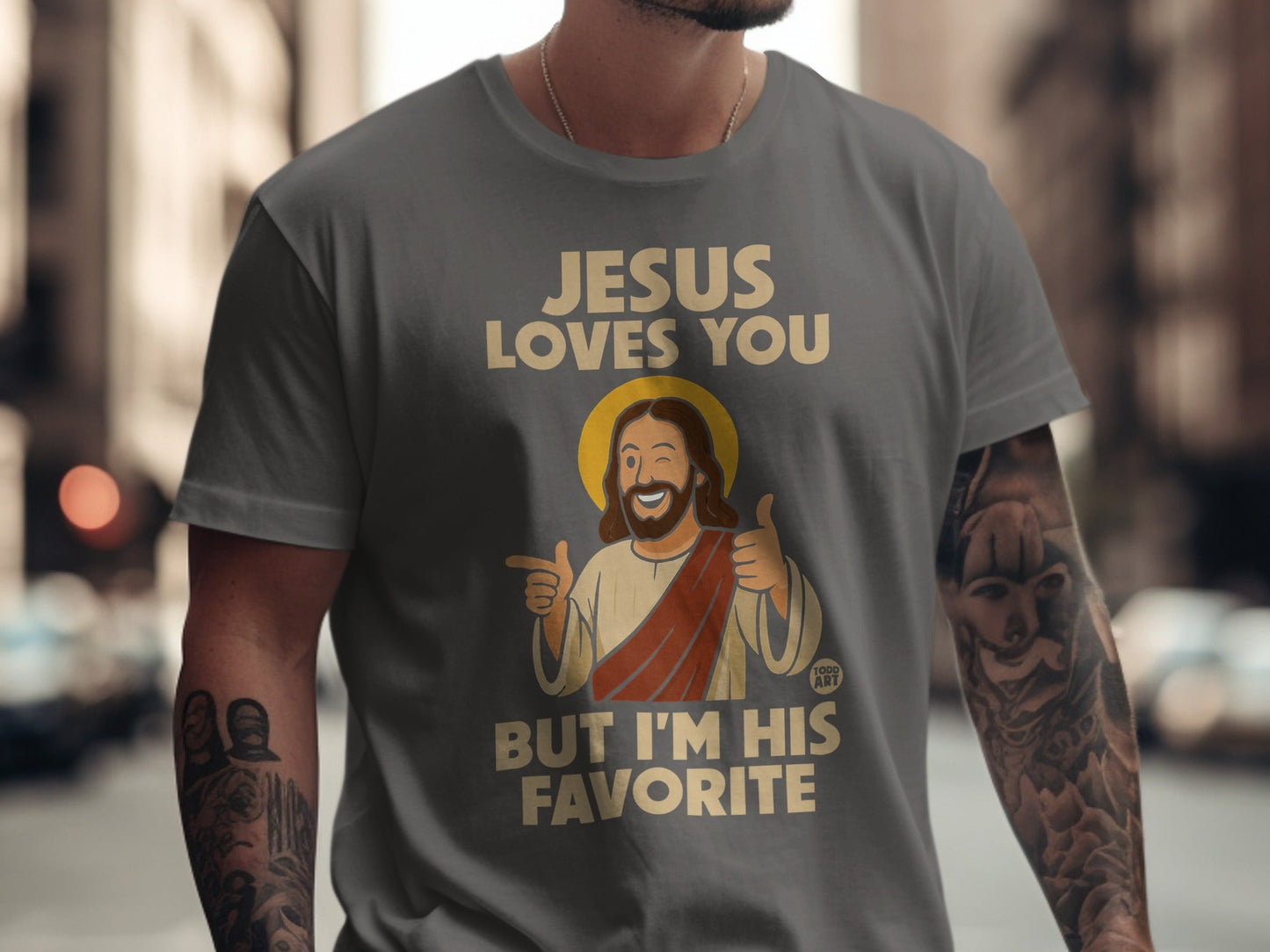 Gray t-shirt with graphic of Jesus winking and giving a thumbs up.