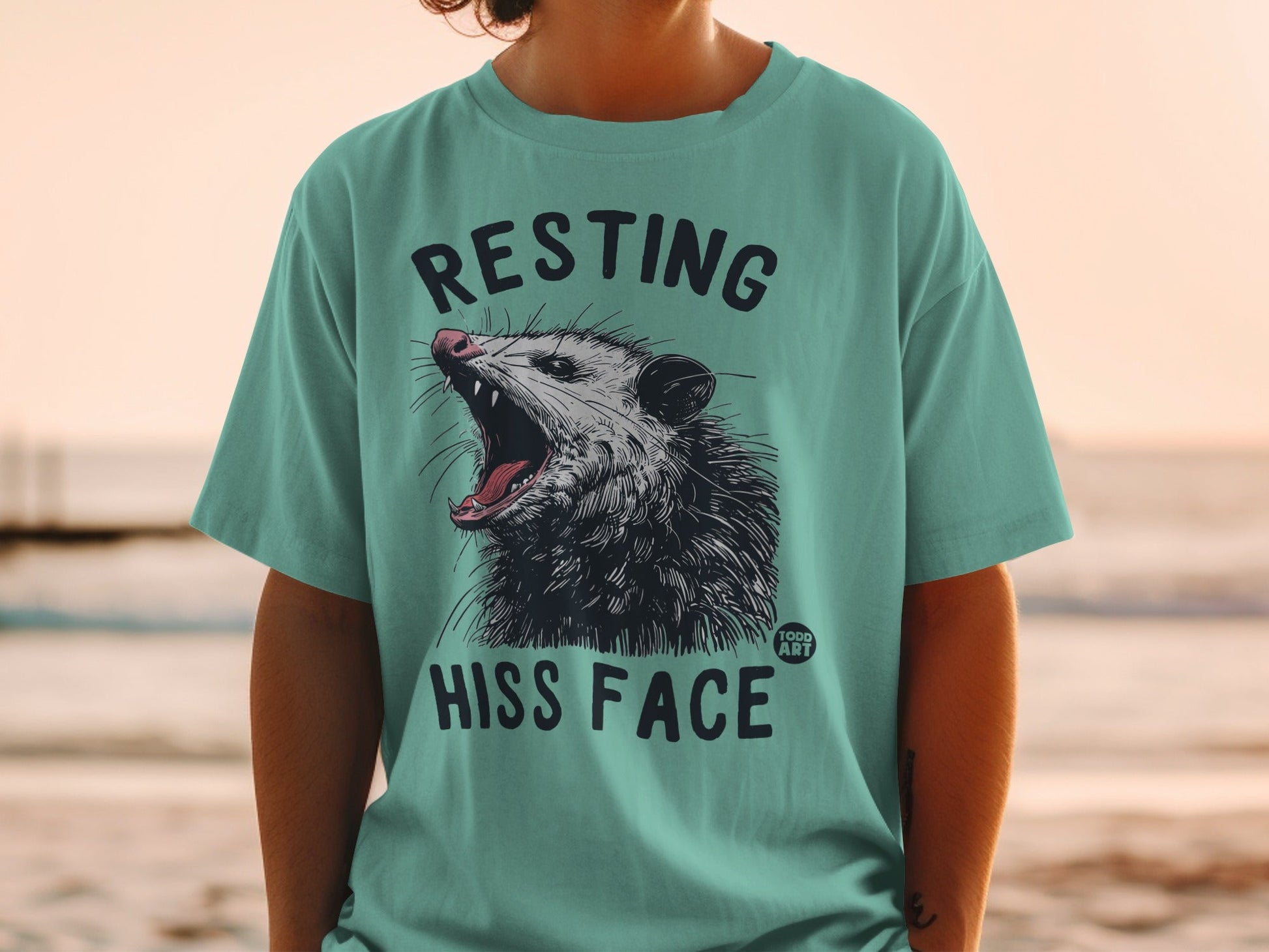 Teal t-shirt with opossum yawning and text "RESTING HISS FACE".