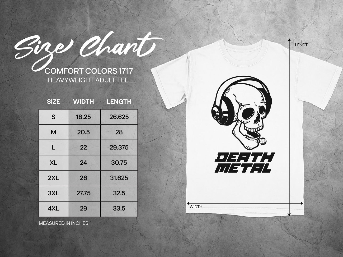 Size chart for Comfort Colors 1717 heavyweight adult tee with skull graphic.