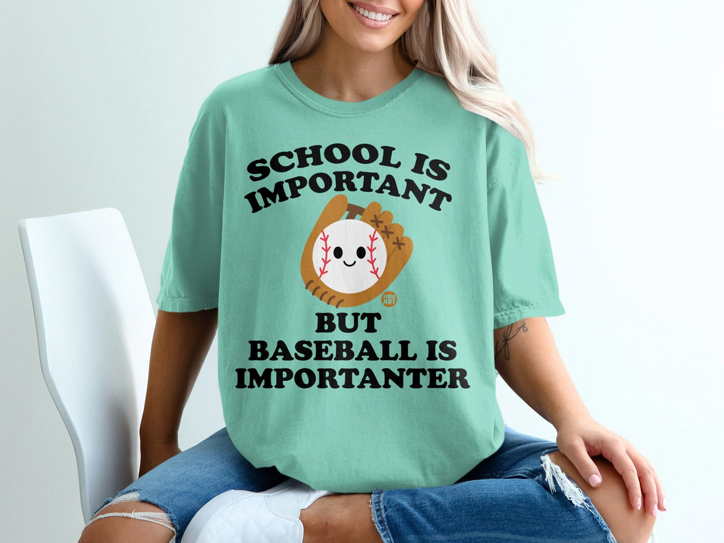 T-shirt with baseball glove and text "School is important but baseball is importanter."
