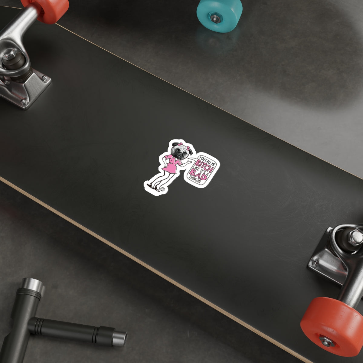 Funny Pug Sticker on Skateboard Deck Product