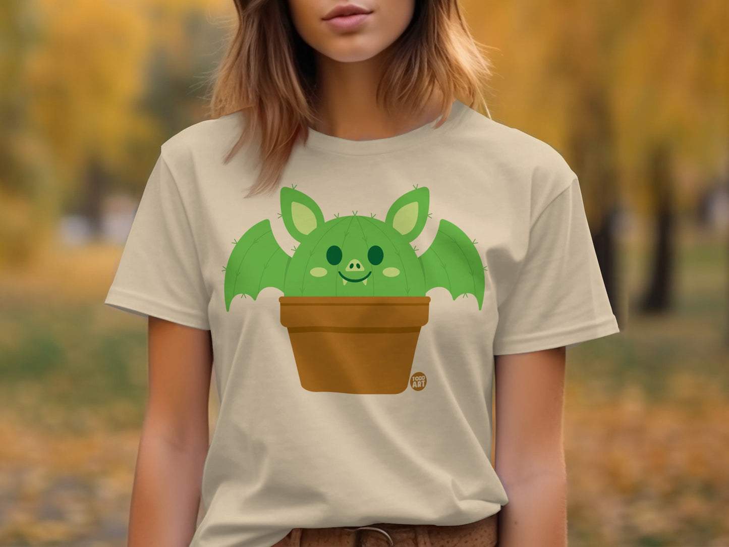 Cute Bat Cactus Plant Graphic on Beige T-shirt