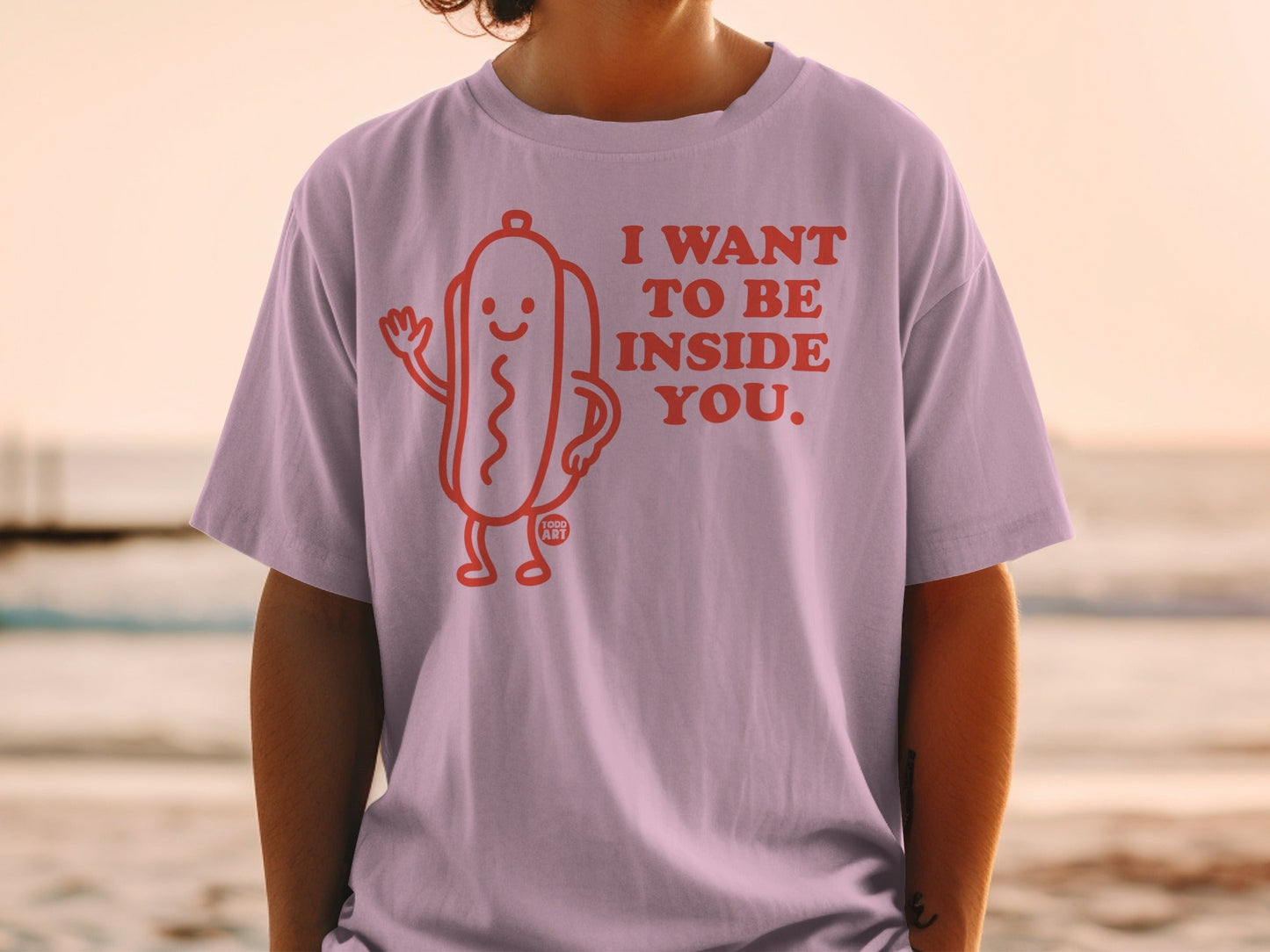 T-shirt with hot dog graphic and text "I WANT TO BE INSIDE YOU."