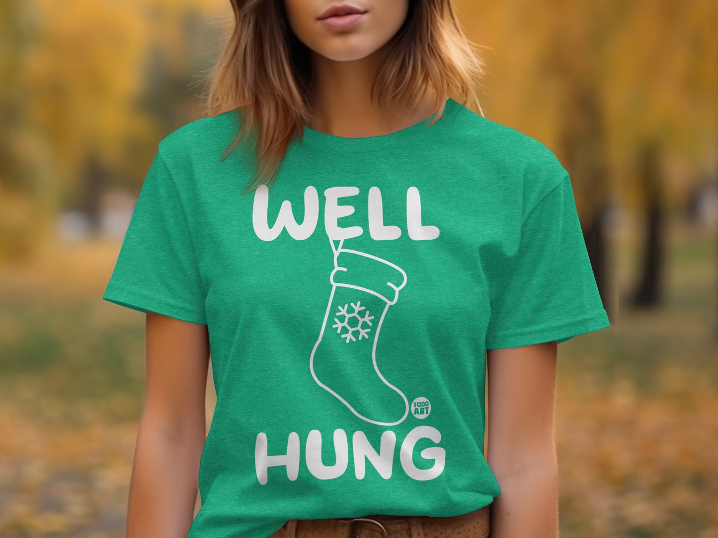 Well Hung Green Shirt with Stocking Graphic Design