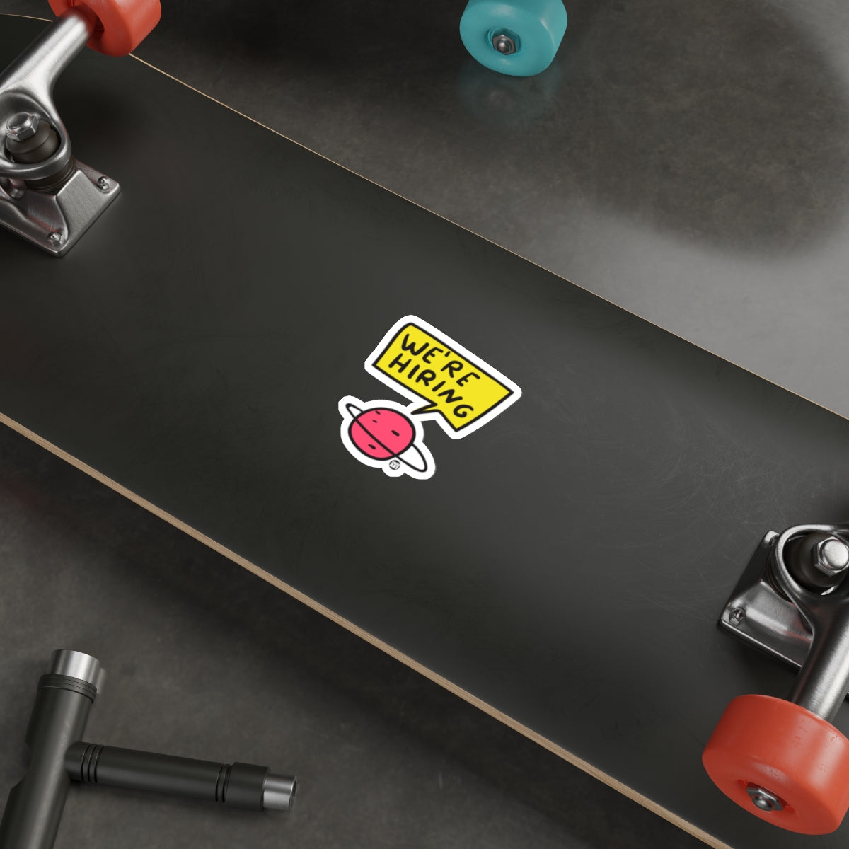 Unique Skateboard with We're Hiring Sticker Design